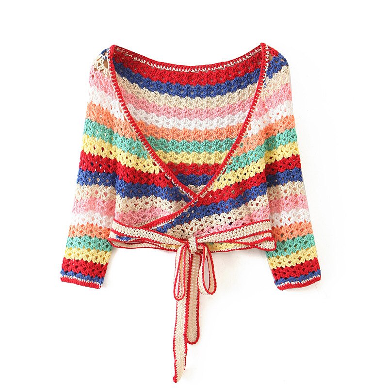 BOHO Lacing up Colored Striped Hand crochet Cardigan Sweater Women Bandage Mini Short Shorts Half Sleeve Tops 2 Pieces Set