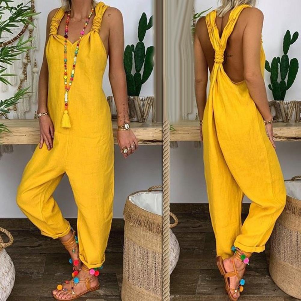 HOT SALES Women Solid Color Bib Overall Sleeveless Backless Knotted Jumpsuit Dungarees