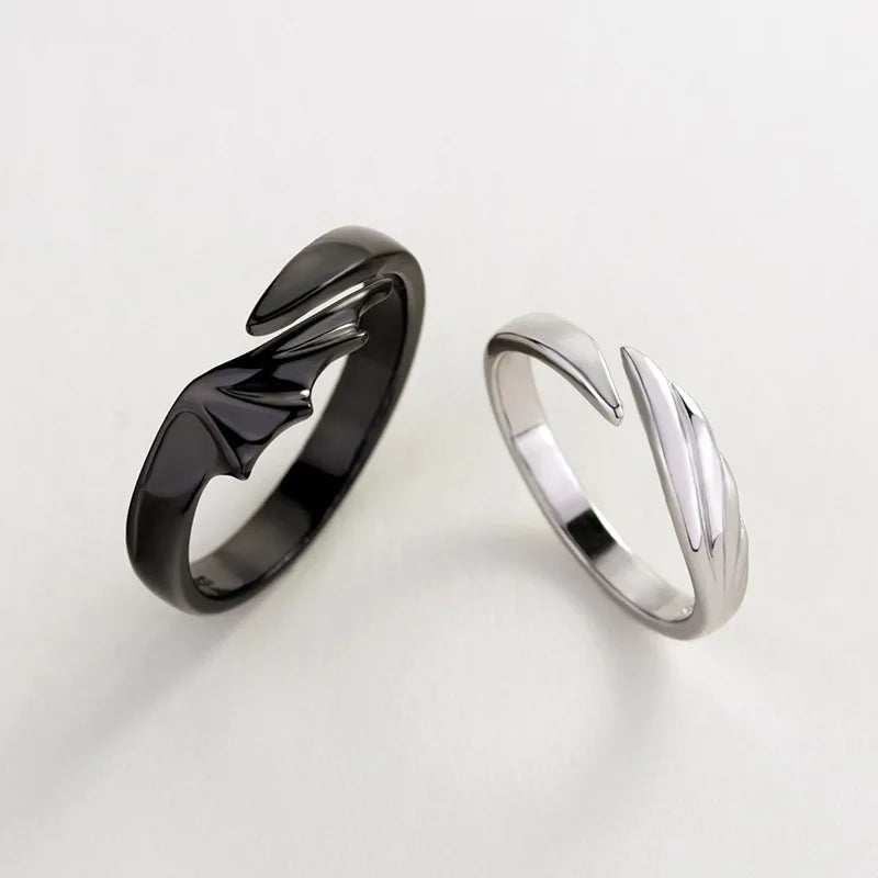 New hot sale couple silver color black color angel devil wings adjustable ring gift