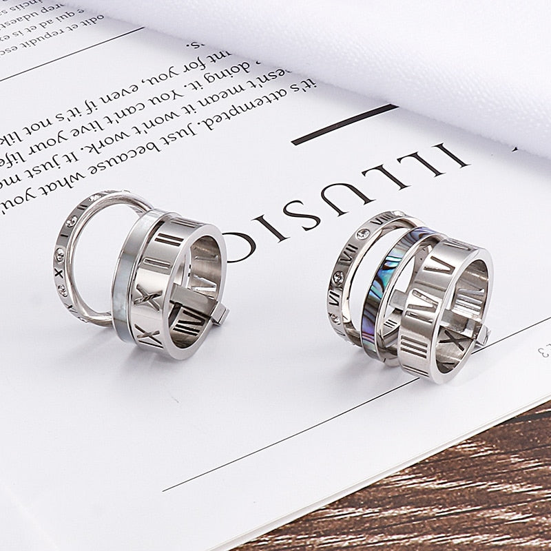 Trendy Stainless Steel Rings For Women Girls Three Layers Roman Numerals Zircon Bridal Wedding Women Rings Fashion Jewelry Gift
