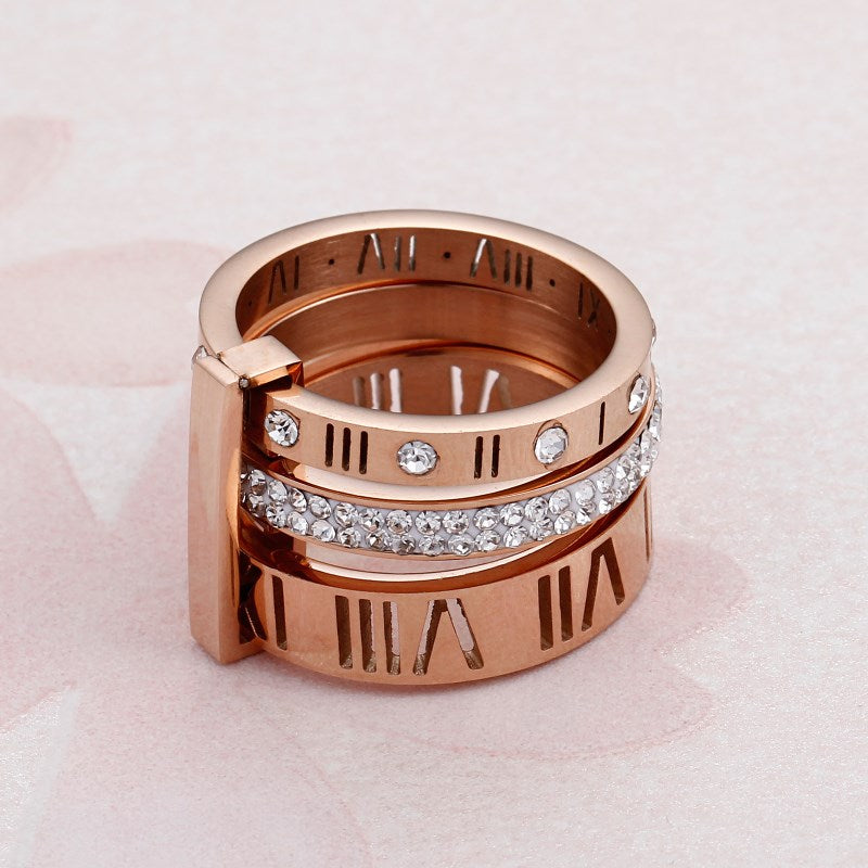 Trendy Stainless Steel Rings For Women Girls Three Layers Roman Numerals Zircon Bridal Wedding Women Rings Fashion Jewelry Gift