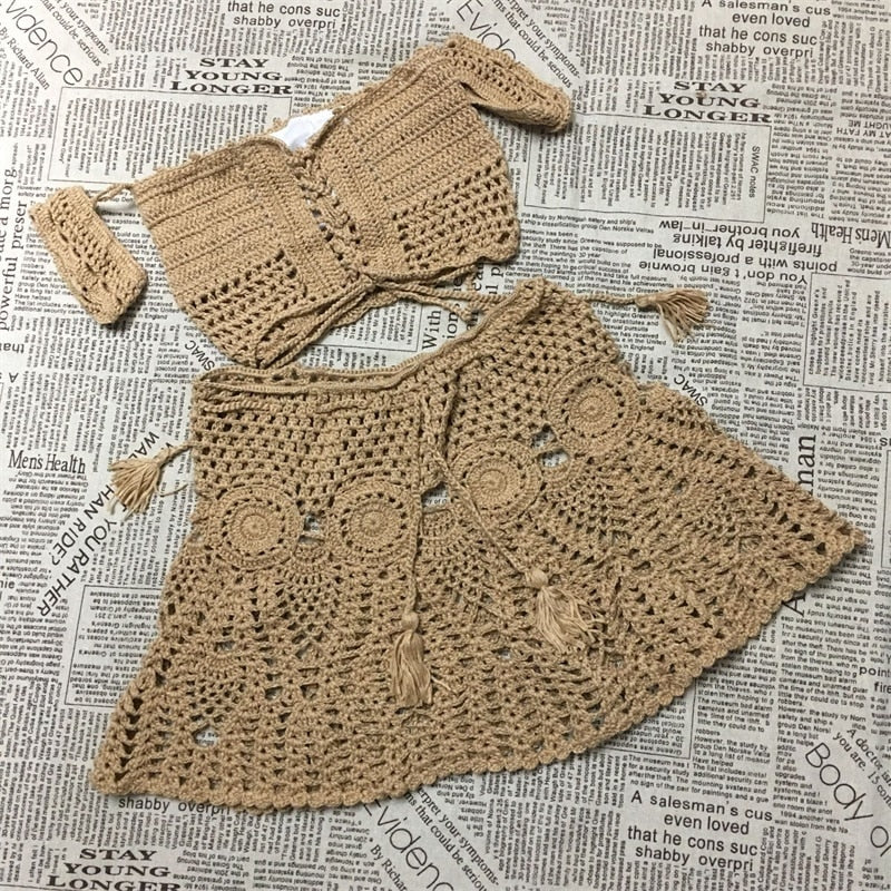 Crochet Two Piece Set Summer Beach Dress Hand Knitted Hollow Out Crop Top Mini Skirt Sheer Fishnet Cover Up Casual Suits