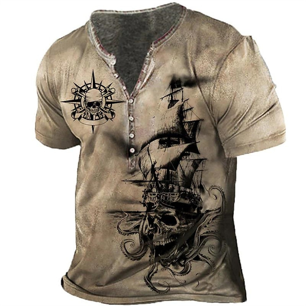 Vintage Men T-shirts 3D Printed Ship Short Sleeve Tshirt Oversized Navigation Top Tee Shirt Man Clothes Punk Streetwear