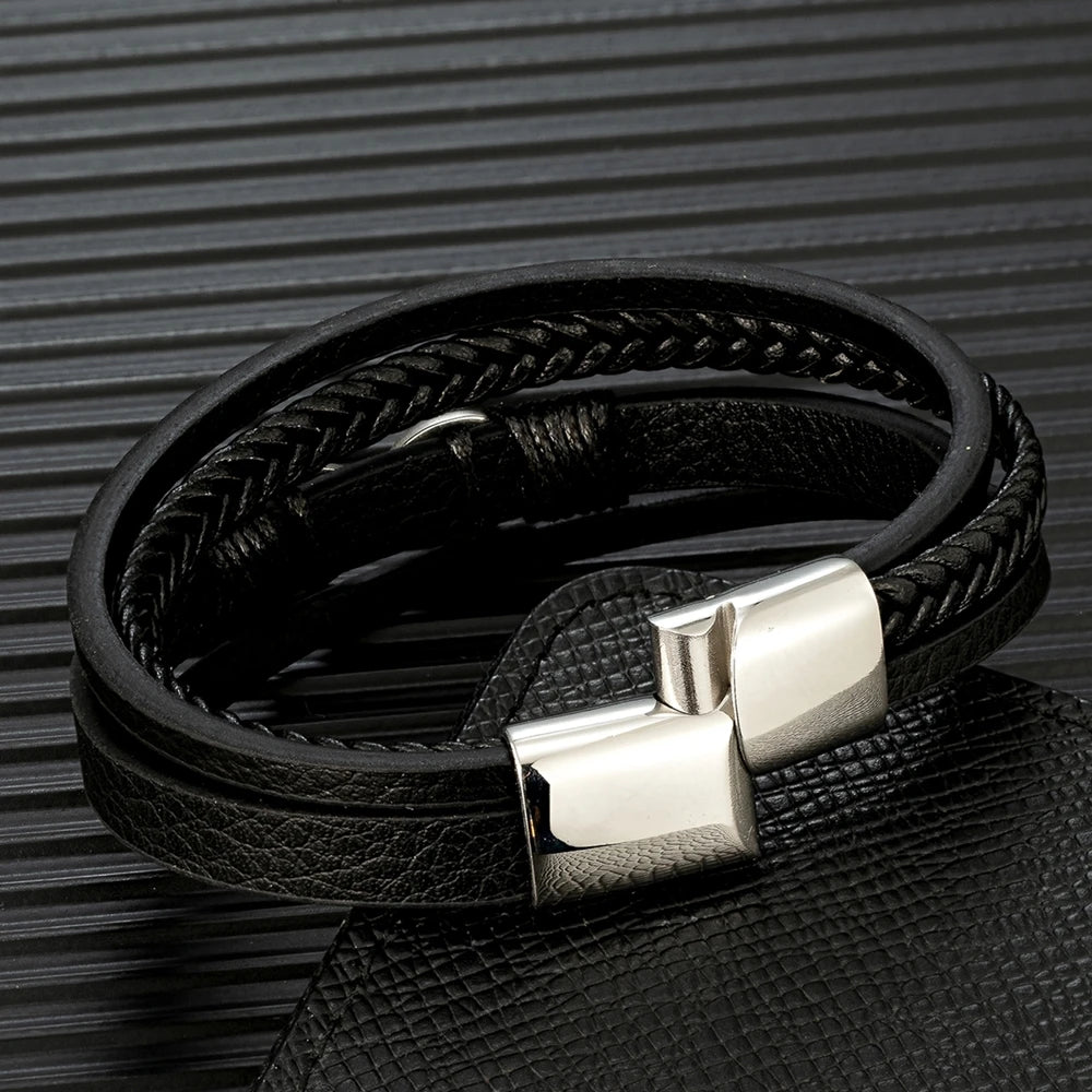 MKENDN Classic Men Infinity Bracelet Woven Multilayer Braided Leather Bracelets For Women Black Stainless Steel Jewelry Gifts