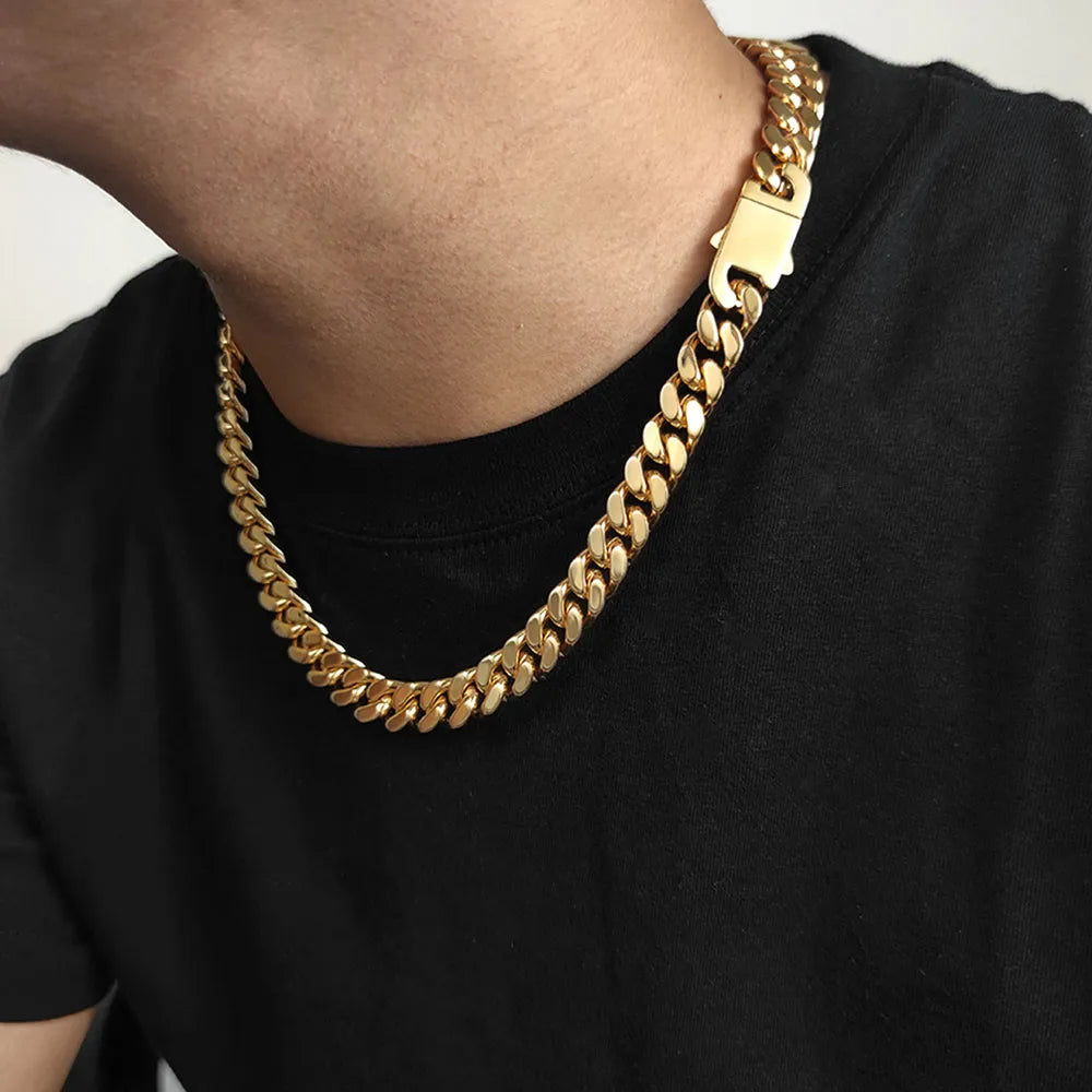 Nuoya Hip Hop Jewelry Gold Plated Stainless Steel Men Flat 4 Side Curb Cuban Link Necklace