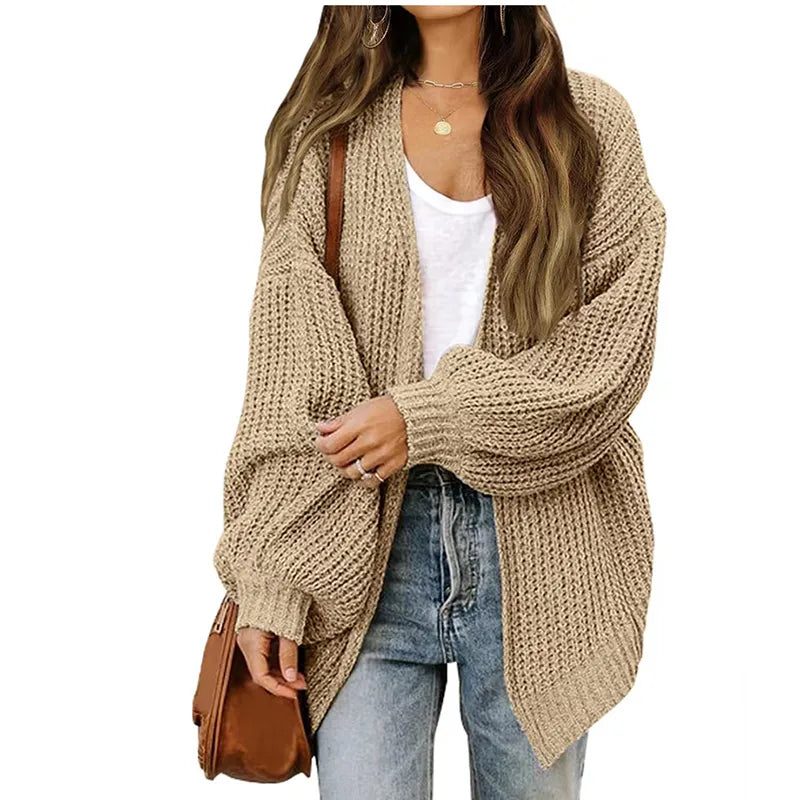HELIAR Women Solid Cardigan Sweater Coat Loose Casual Lantern Sleeve Jacket Knitted Coat For Women Autumn And Winter