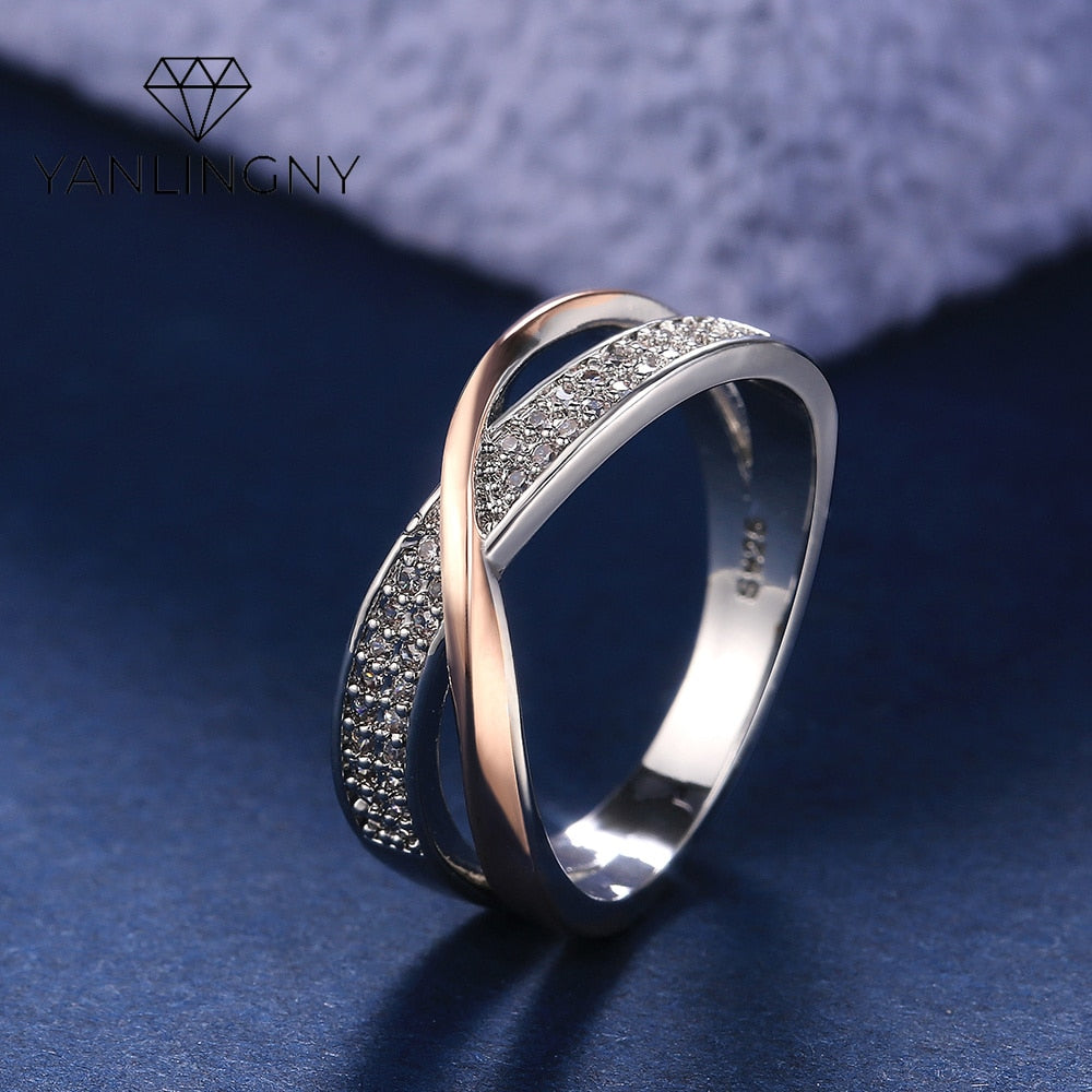 Newest Fresh Two Tone X Shape Cross Ring for Women Wedding Trendy Jewelry Dazzling Stone Large Modern AnillModern Rings