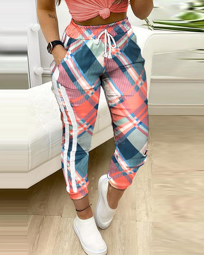 Women Fashion Casual Pants Trousers  Colorblock Plaid print Cargo Pants Autumn Fashion Pocket Design Drawstring Casual Pants