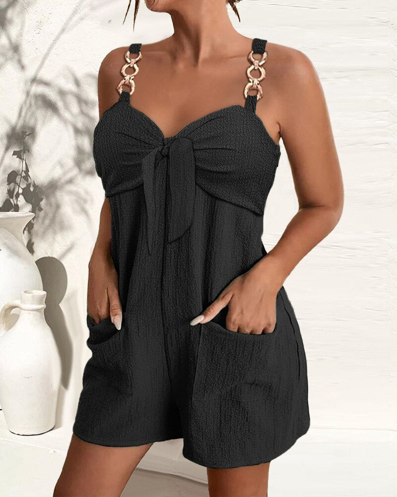 Jumpsuit Women Summer Fashion Strap Pocket Design Knotted Casual V-Neck Sleeveless Office Lady Romper