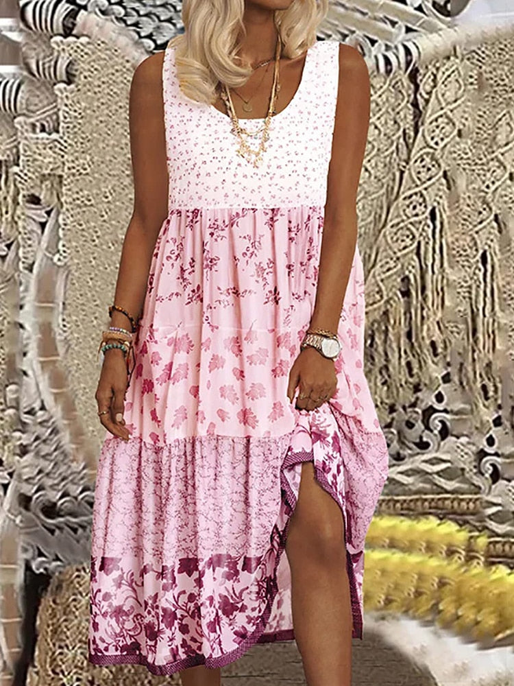 Plus Size Casual Women Summer Midi Dress Large Size Floral Print Sleeveless Crewneck A Line Boho Beach Dresses