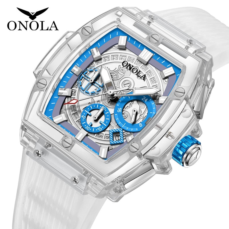 ONOLA Brand Transparent Plastic Watch Men Women clock Fashion Sports casual unique Quartz Luxury square Mens Watch