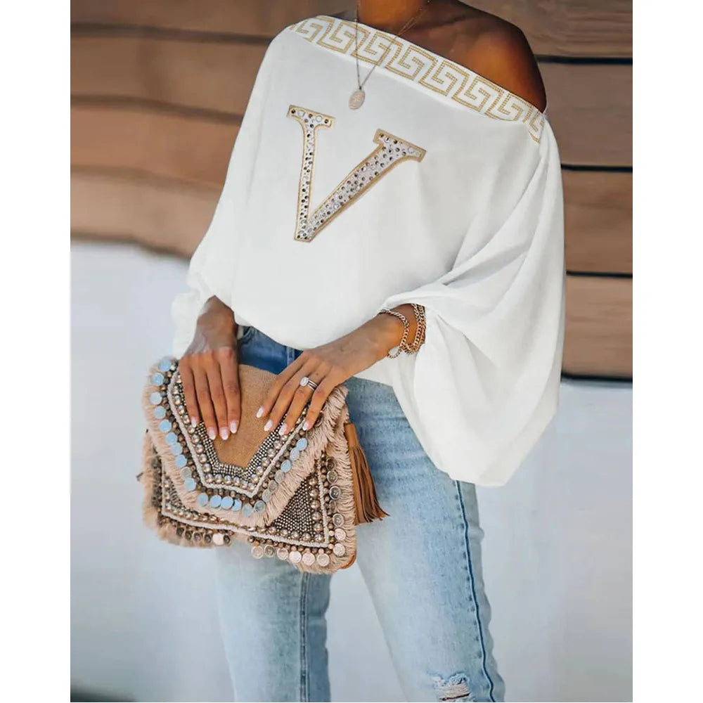 Fall Women Sexy White Skew Collar Fashion T-shirts Daily Wear One Shoulder Rhinestone Letter Long Sleeve Casual Top mujer