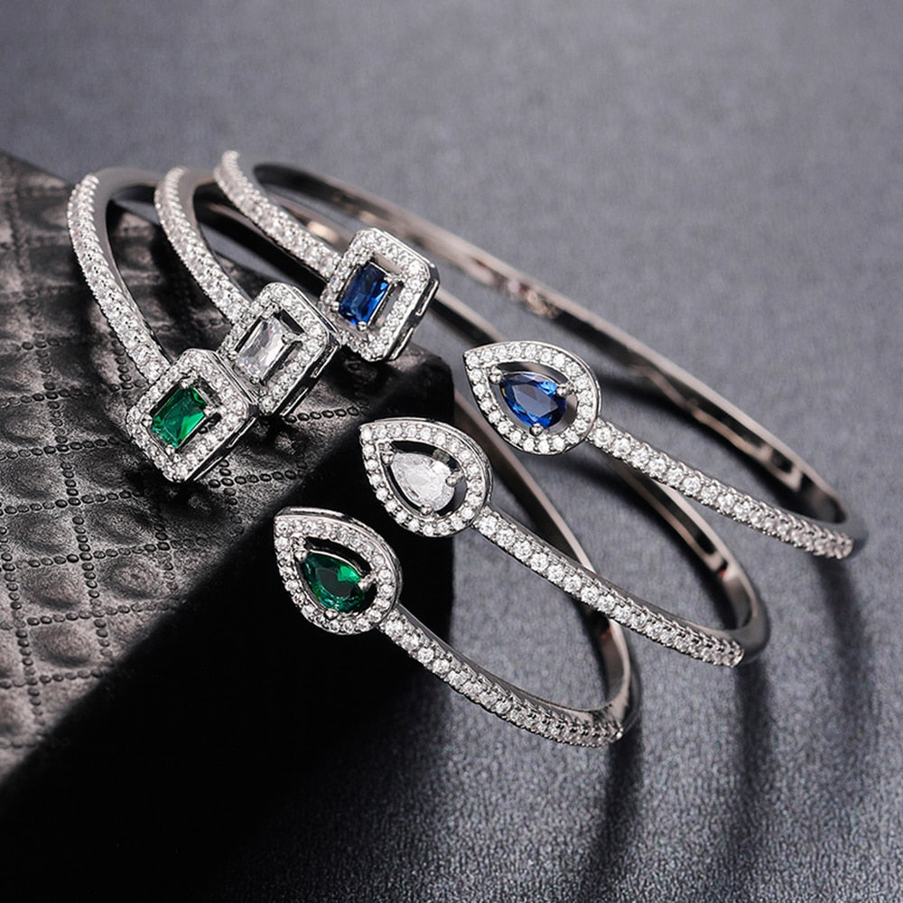 Huitan Luxury Green, White, Blue Cubic Zirconia Cuff Bracelet Bangle for Women Good Quality Female Hand Jewelry