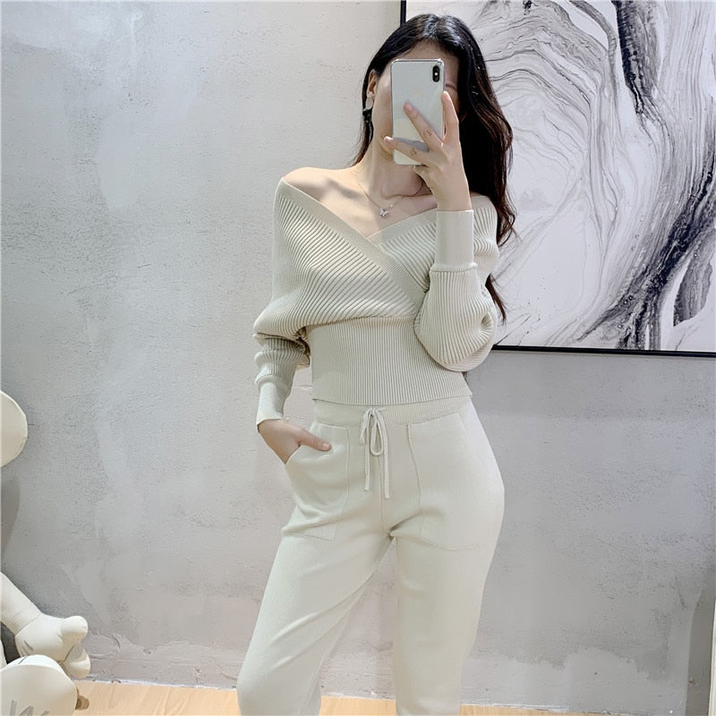 Elegant Tracksuit Sexy Two Piece Set Women Korean Style Ribbed Knitted Backless Top And Long Harem Pant Suit Autumn Outfits y2k