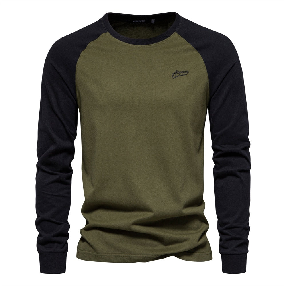AIOPESON Men T-shirts 100% Cotton Long Sleeve O-neck Pactwork Casual T shirts for Men New Spring Designer Tees Men Clothing