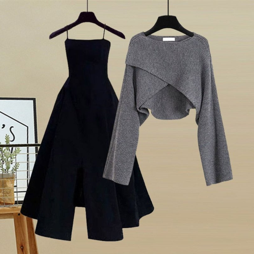 Spring and Autumn Set Women's New Fashion Cross Knitted Sweater Age Reducing Sling Dress Two Piece Set