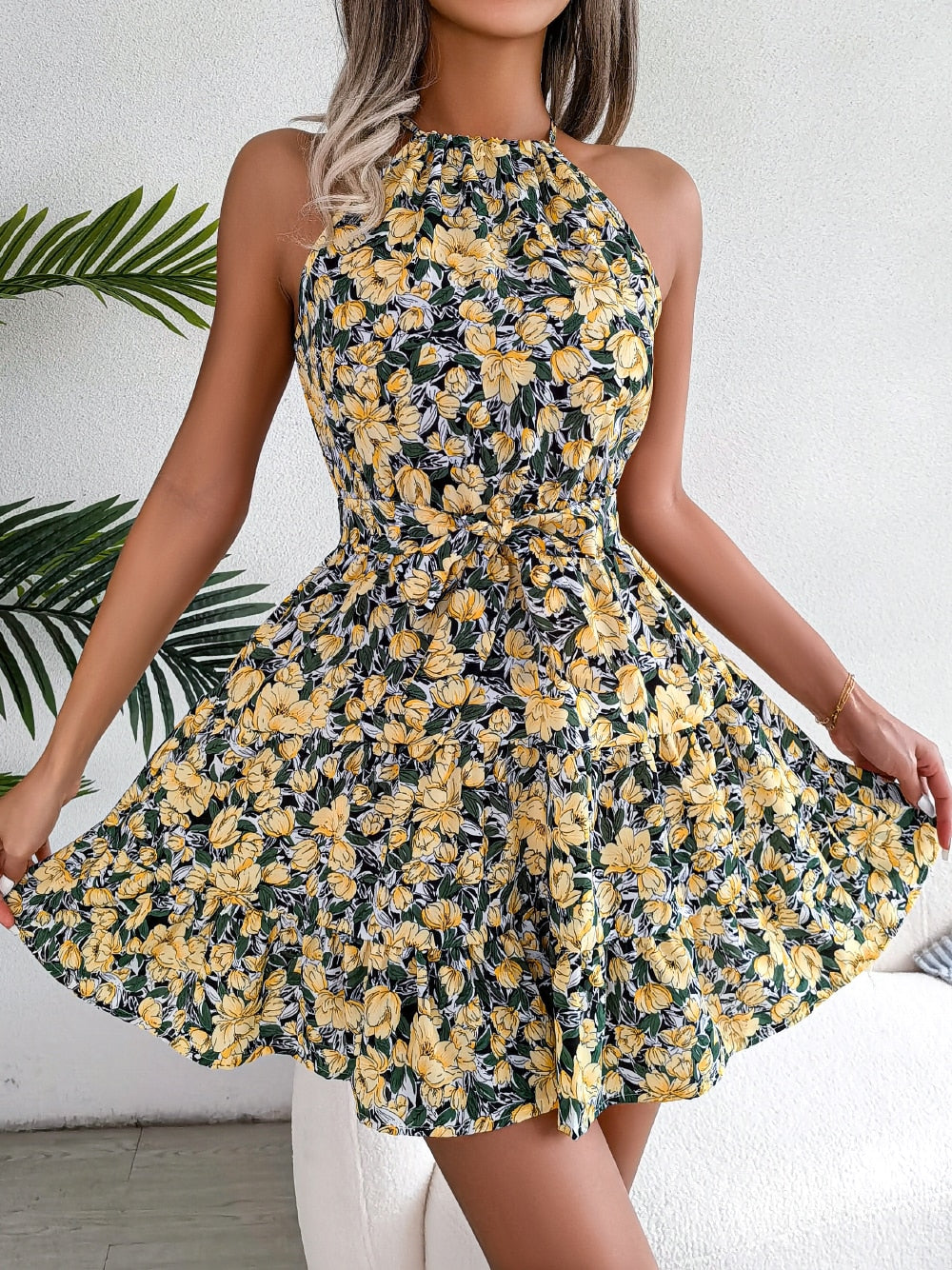 Women Summer Casual Floral Print Ruffle Halter Dress