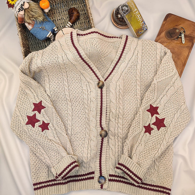 Vintage Star Print Knitted Cardigan Preppy Cute Button Up V Neck Long Sleeve Coat Autumn Y2K Aesthetics Retro Sweater