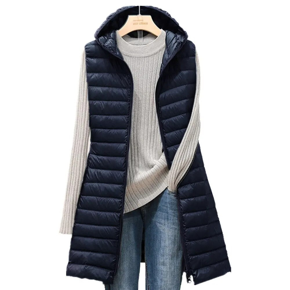 New female autumn and winter medium long hooded light down padded jacket waistcoat cotton vest