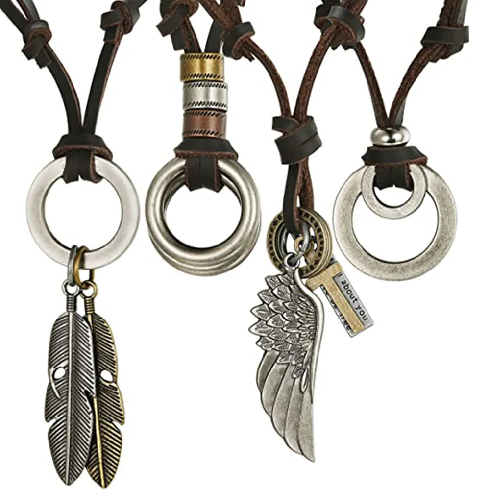 Kirykle Collares Necklaces Pendants Cool Rock Feathers Pendant Genuine Leather Long Necklace Vintage Design Men Necklace