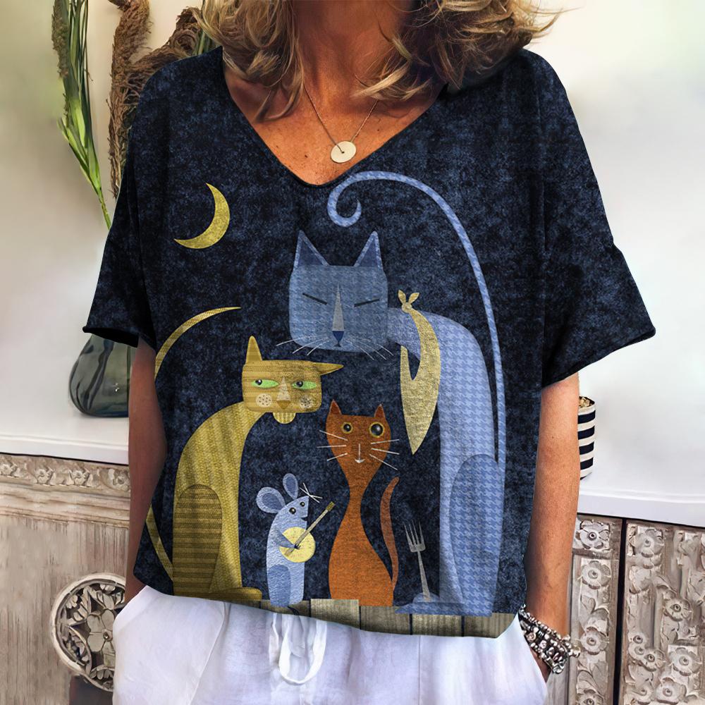 Women's T-shirt Cartoon Cat Print Loose Leisure Summer Short Sleeve V-Neck Hawaii Tee Shirts With Cat Funny Femininity Clothing