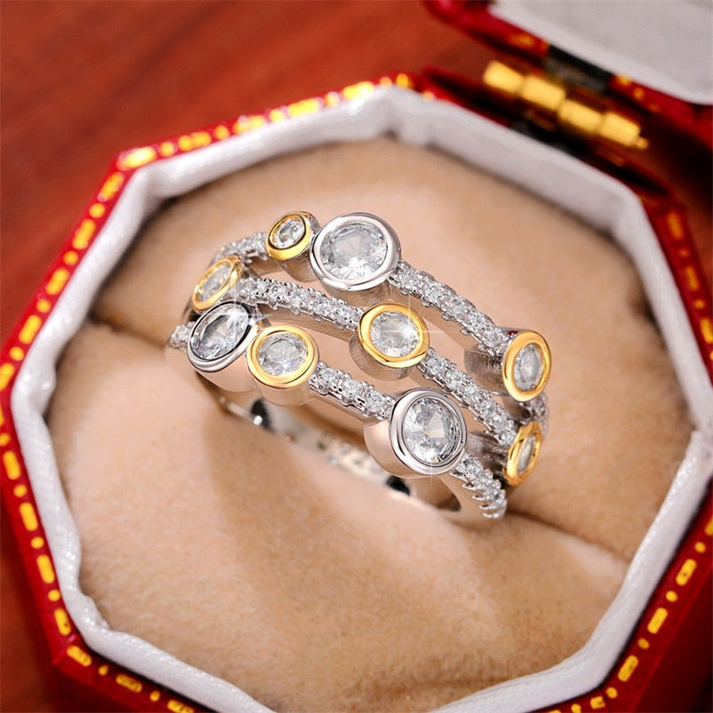 Huitan Vintage Two Tone Lady Rings Anniversary Party Daily Wearable Luxury Cubic Zirconia Rings New Trend Women Jewelry