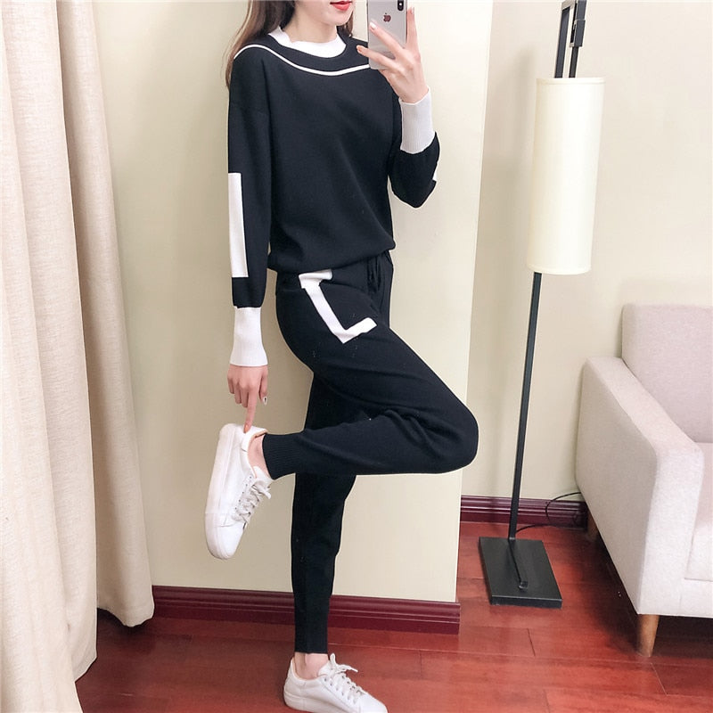 Autumn Runway 2 Pieces Set Knitted Long Sleeve Pullovers Sweater Casual Patchwork Fashion Women Tops and Pants Suits Spring