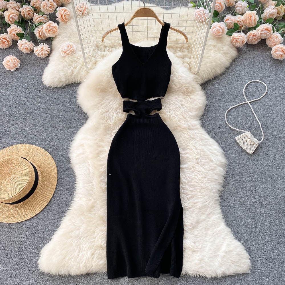 Women Dress Sexy Cut Out Waist Package Hips Split Bodycon Dress Summer Fashion Lady Knitted Party Vestidos Sundress