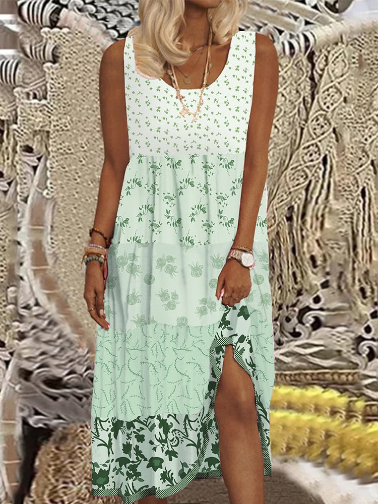 Plus Size Casual Women Summer Midi Dress Large Size Floral Print Sleeveless Crewneck A Line Boho Beach Dresses