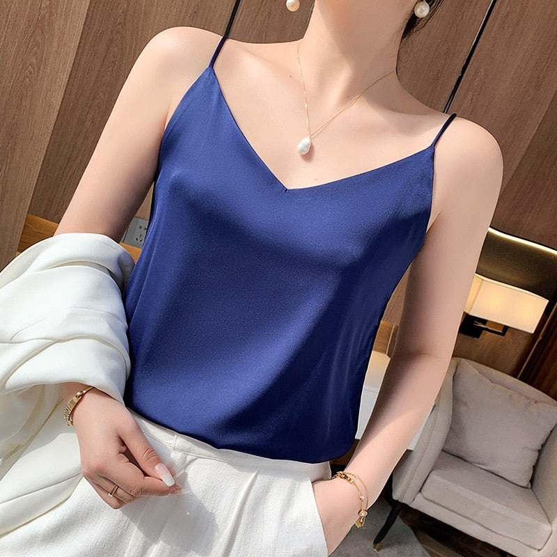 Fashion Silky Camisole Women Inner With White Bottoming Satin Top Summer V-neck Thin Section