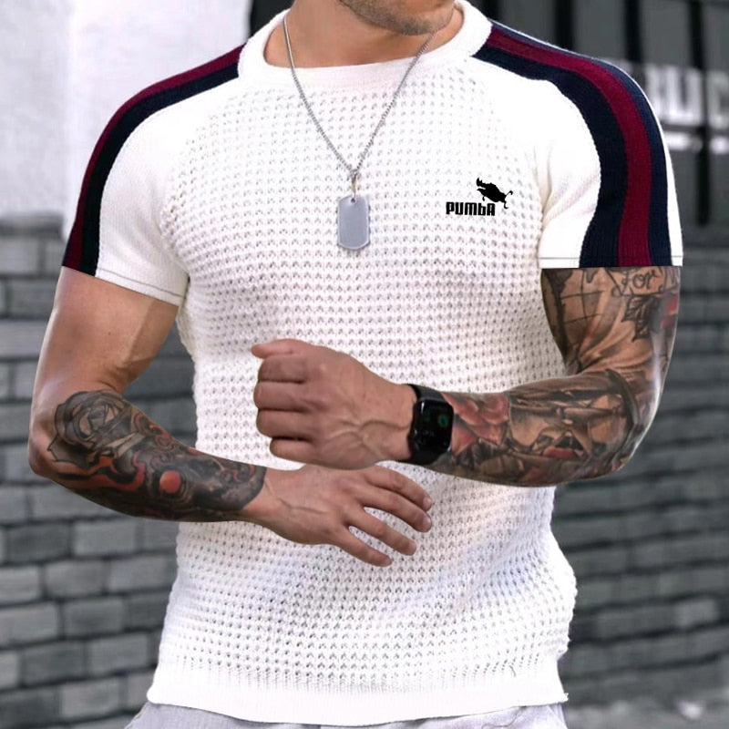 Men Spring Summer New Waffle Pattern Shirt For Men Pullovers High-quality Casual Knitted Heavy Round Neck Top Tees