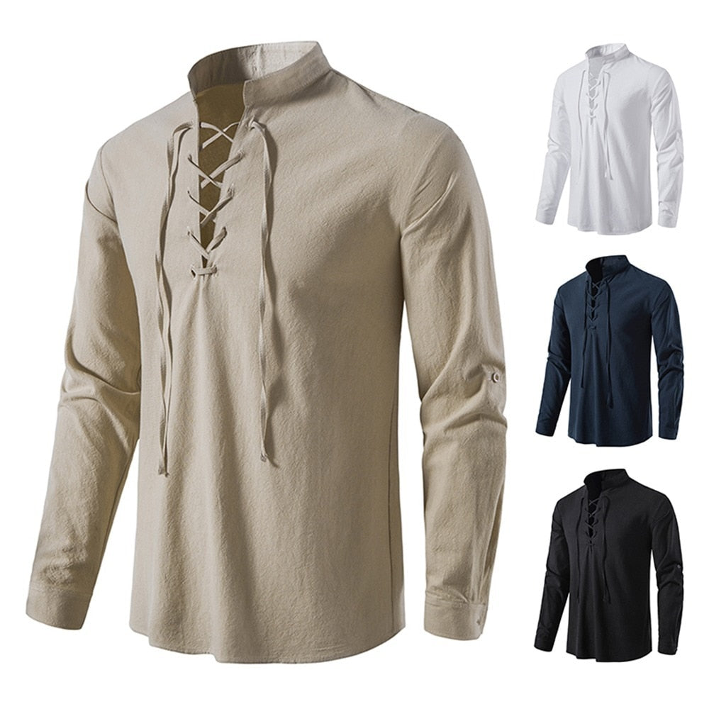 New Men Casual Blouse Cotton Linen Shirt Tops Long Sleeve Tee Shirt Spring Autumn Slanted Placket Vintage Yoga Shirts