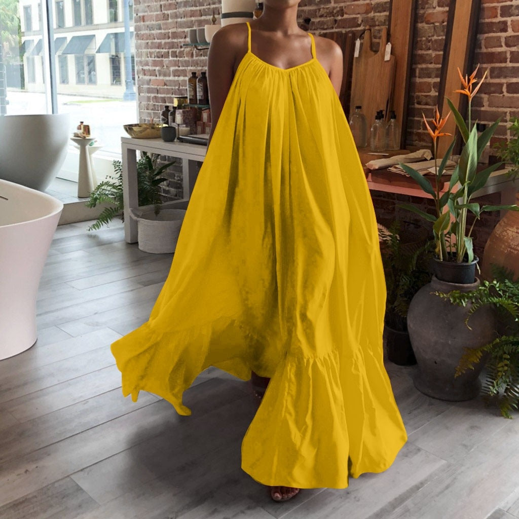 Women Camisole Oversized Maxi Dresses Summer Casual Spaghetti Strap Loose Backless Big Swing Dress Women Solid Floor-length Robe