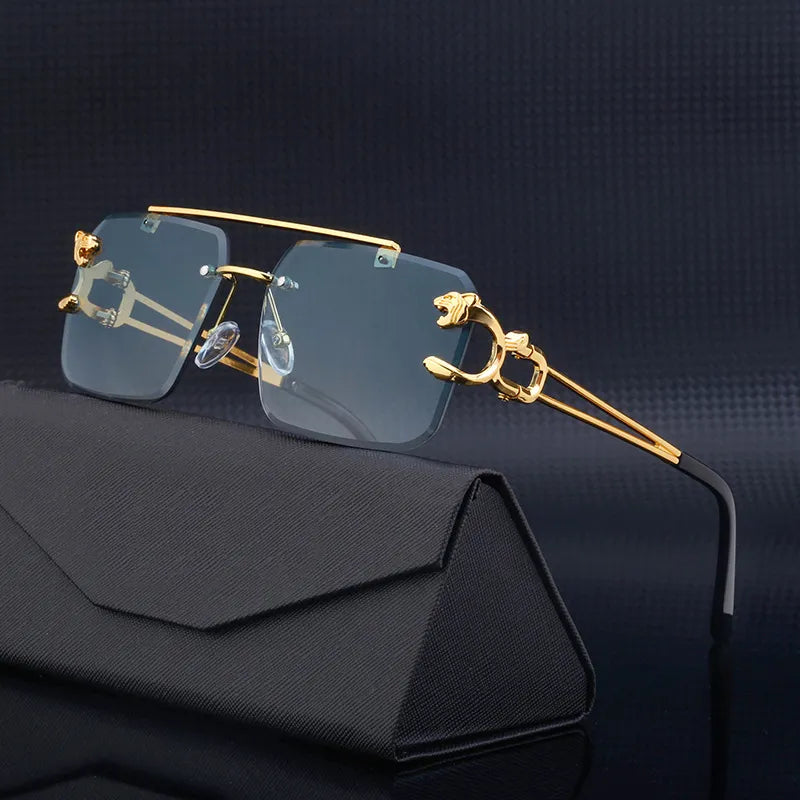 SHAUNA Fashion Metal Leopard Rimless Sunglasses Double Bridges Gradient Ocean Film Shades UV400