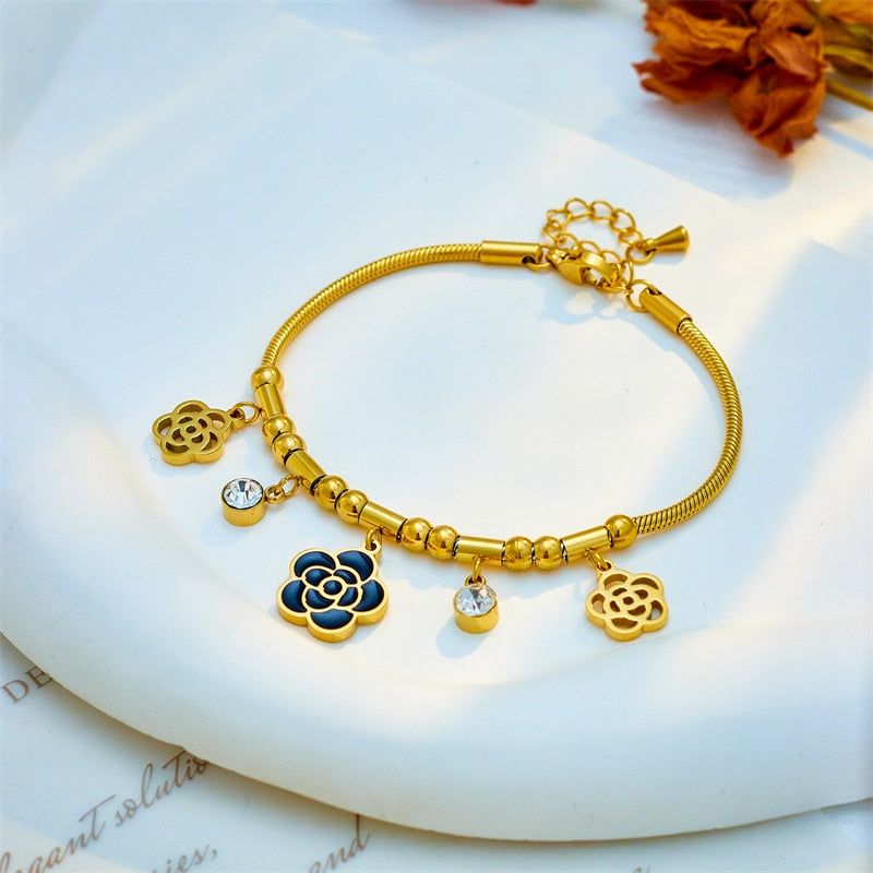 Stainless Steel Flower Zircon Charm Bracelet For Women New Vintage Gold Color Wrist Jewelry Birthday Gifts