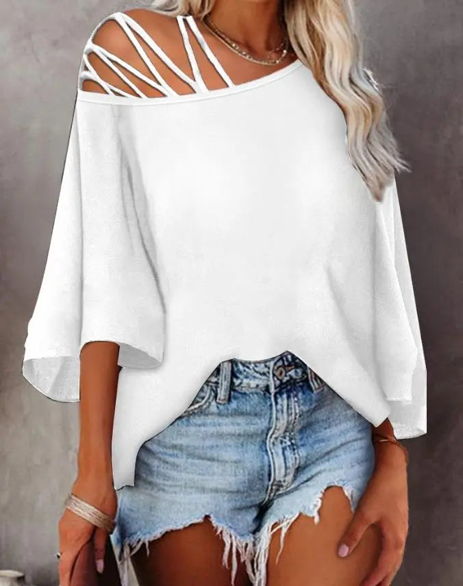 Summer New Fashion Top Casual Loose 7/4 Sleeve Top Bat Sleeve T-shirt Oblique Neck Women's Top Temperament Commuting Style