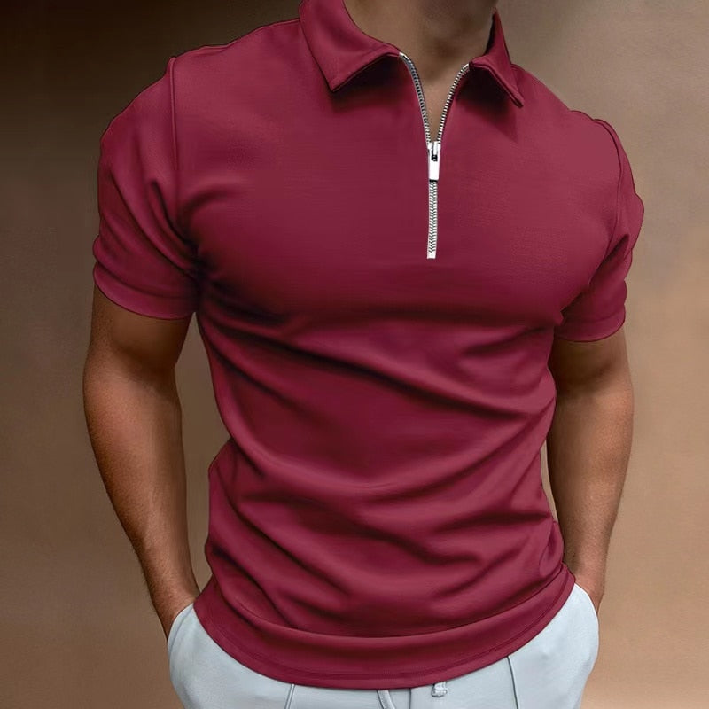 Summer Men Solid Color Polo Shirt Short Sleeve Turn-Down Collar Zipper Tshirts & for Men Casual Streetwear New Male Tops