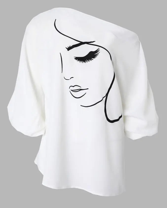 Fashion Woman Blouses Abstract Figure Print Lantern Sleeve Top Elegant Long Sleeve Shirt Oversized Loose Daily Streetwear