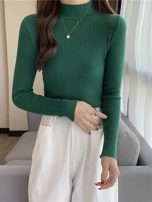 Women Autumn Winter Turtleneck Sweater Vintage Solid Basic Knitted Tops Casual Slim Pullover Korean Fashion Simple Chic Jumpers