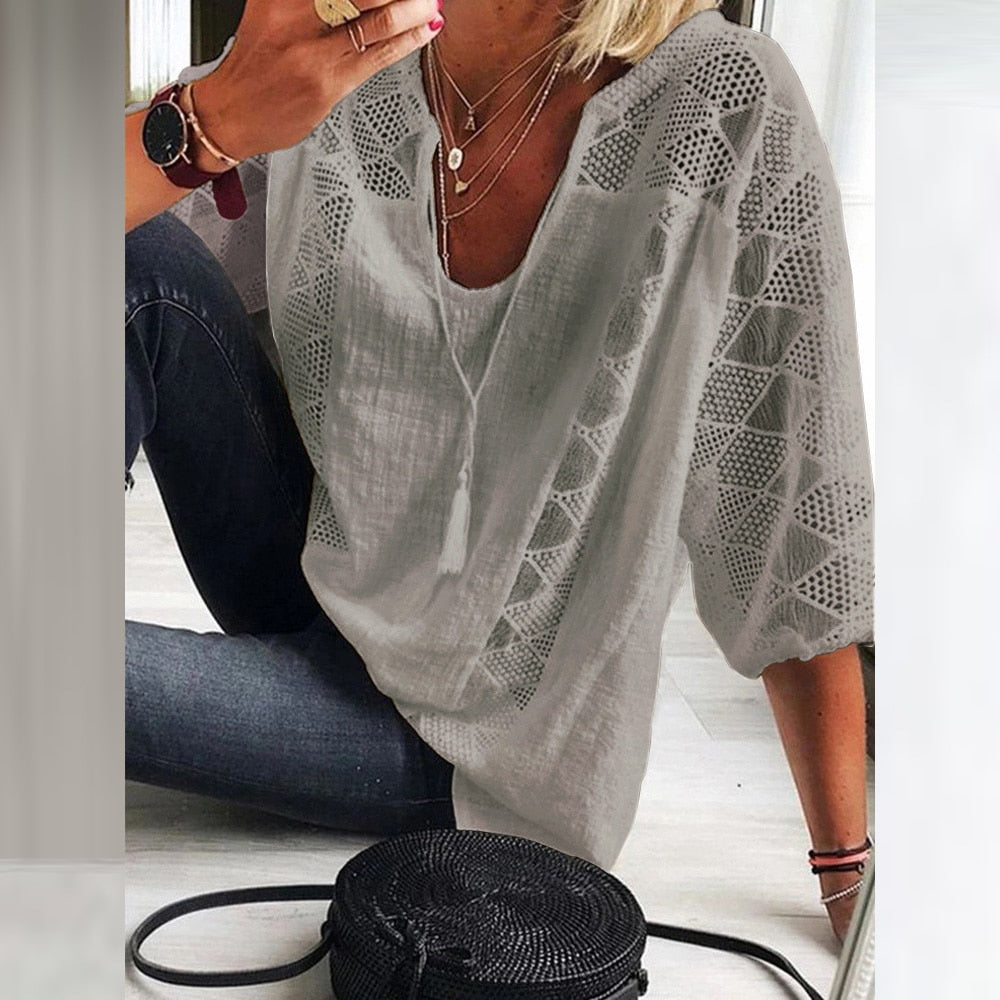 Women‘s Cotton Linen Tunic Tops V Neck 3/4 Sleeve Casual Loose T-Shirt Ladies Fashion Daily Clothing