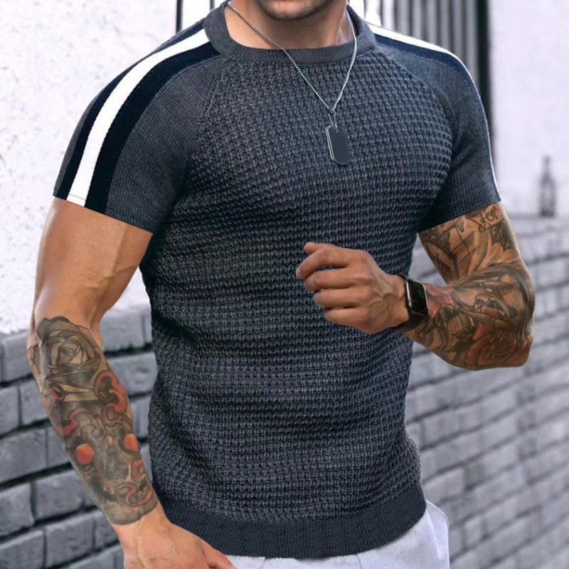 Men Spring Summer New Waffle Pattern Shirt For Men Pullovers High-quality Casual Knitted Heavy Round Neck Top Tees