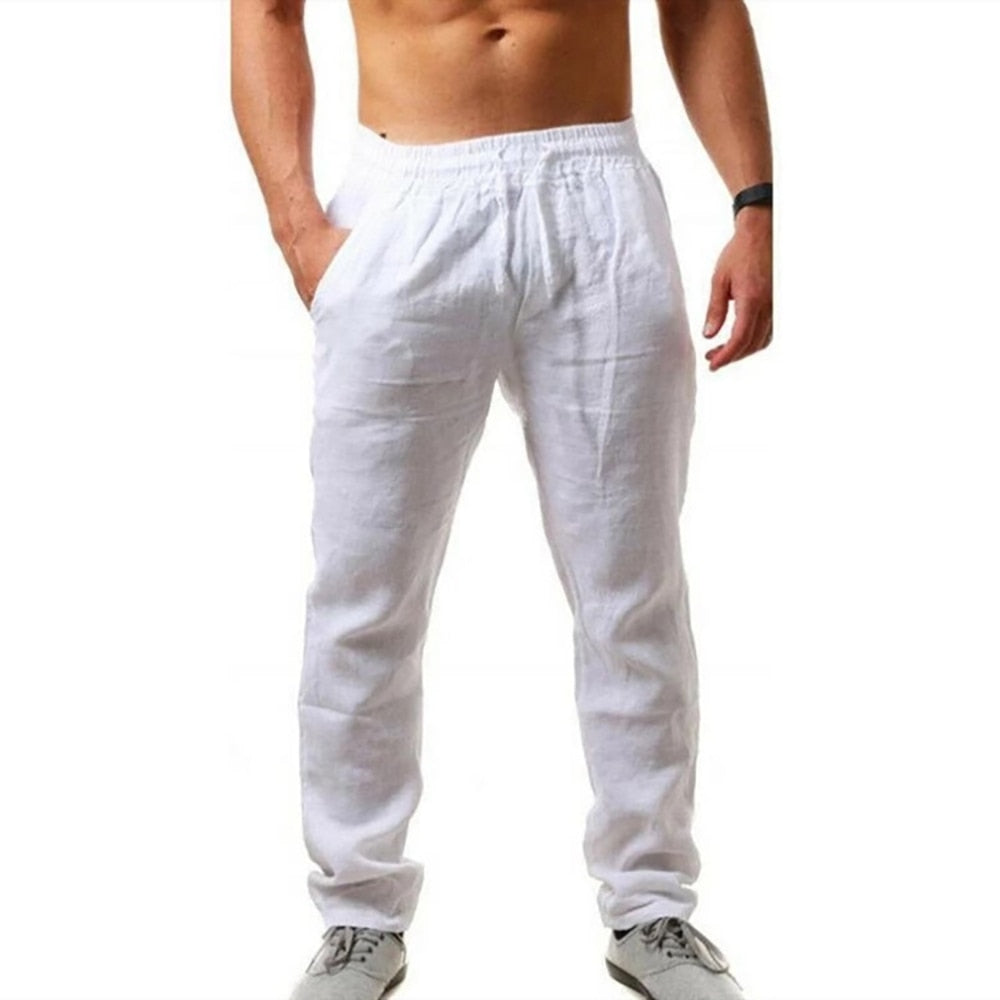 Men Cotton Linen Long Pants Summer Solid Color Breathable Linen Trousers Male Casual Elastic Waist Casual Pants