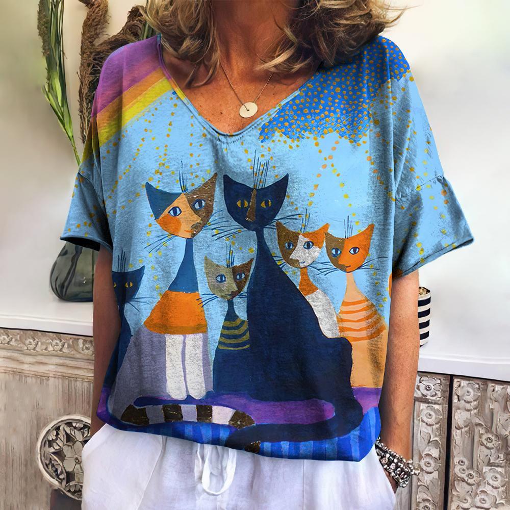 Women's T-shirt Cartoon Cat Print Loose Leisure Summer Short Sleeve V-Neck Hawaii Tee Shirts With Cat Funny Femininity Clothing