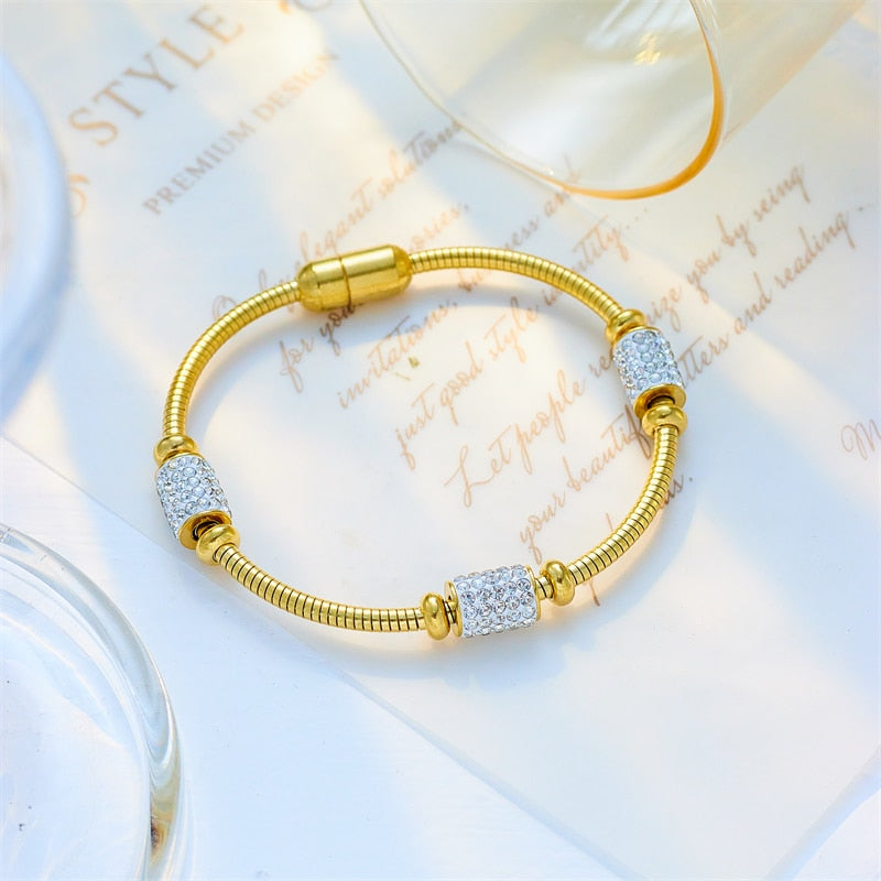 Stainless Steel Gold Color Zirconia Beaded Bracelet For Women Fashion Girls Magnet Clasp Snake Jewelry Gifts