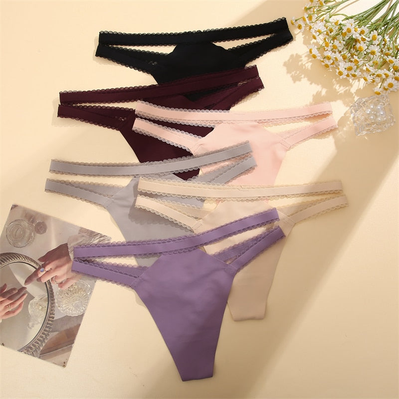 FINETOO 2PCS NEW Seamless Lace Wave G-String Thongs Sexy Double Strip Waistband Female Panties Low Waist Lady Intimates Lingerie