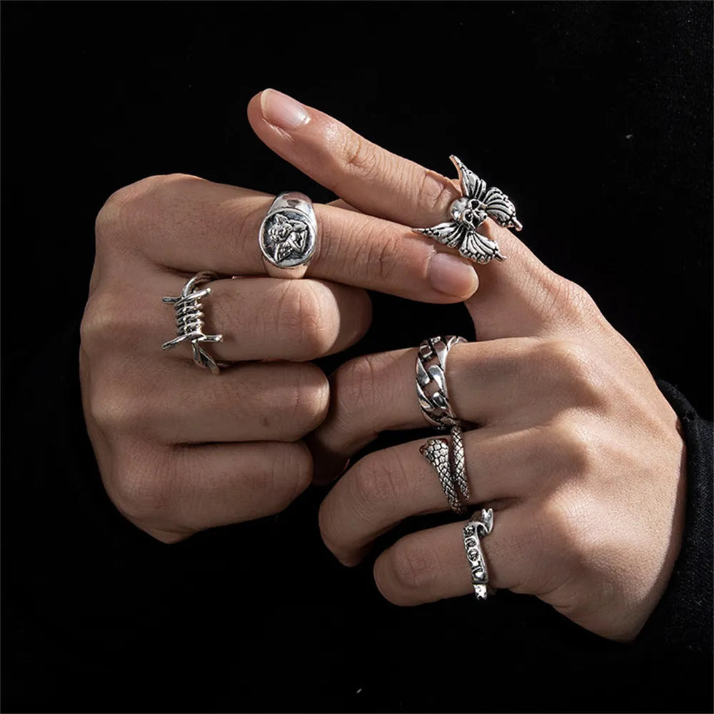 Gothic Skeleton Unisex Ring Set Punk Grunge Butterfly Frog Woman Man Jewelry Hip Hop Party Street Ring Accessories New Gift