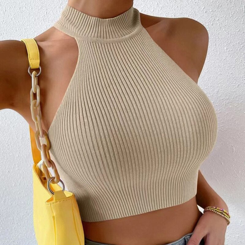 Knit Sleeveless Halter Tops for Women Basics Solid Slim Fitted Crop Womens Turtleneck Ribbed Vest Y2K High Neck Tank Tops