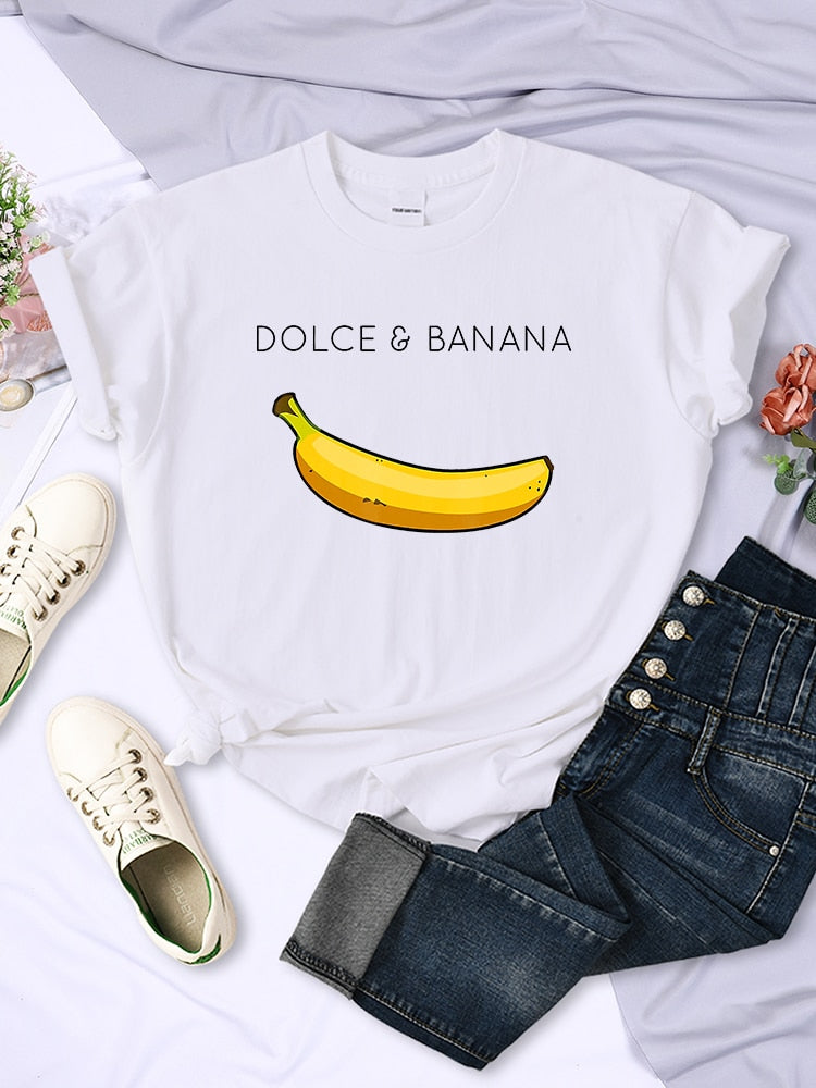 Dolce Banana Anime Printed T Shirts Womens Creativity Breathable Tshirts Fashion O-Neck Shirts Cartoons Brand Female Tops