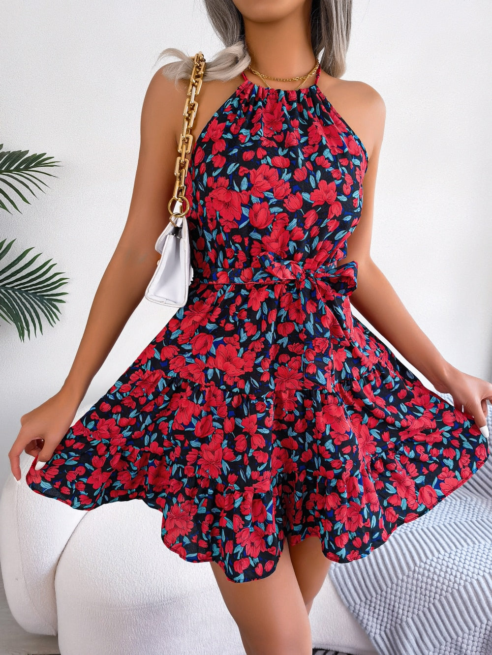 Women Summer Casual Floral Print Ruffle Halter Dress