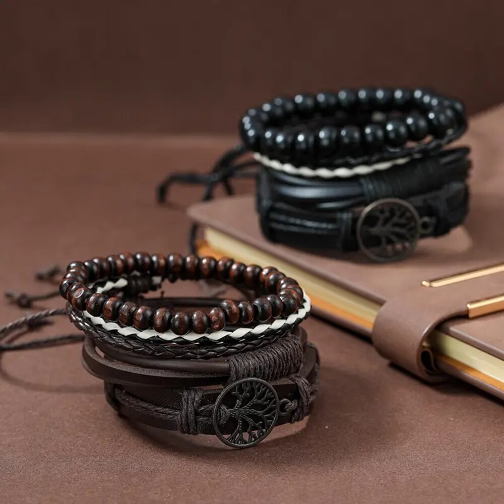 Set Of 3 Black Handmade Woven Pu Leather Bracelet For Men Multi Pack Fashion Vintage Braided Bangle As Birthday Gift